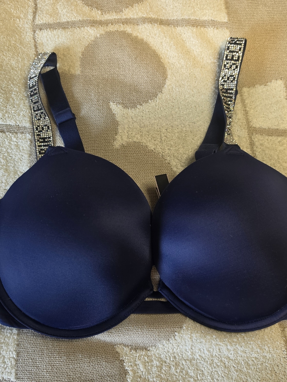 Victoria's Secret Midnight Navy T-Shirt Bra with Rhinestone Logo Straps